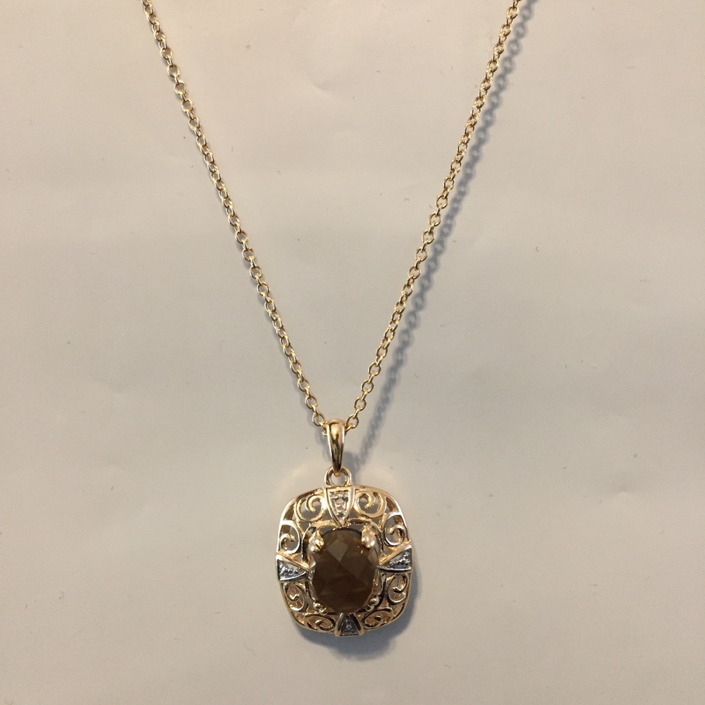 Unique faceted Cognac Quartz with Two Diamond accents with filigree detail 18K/S